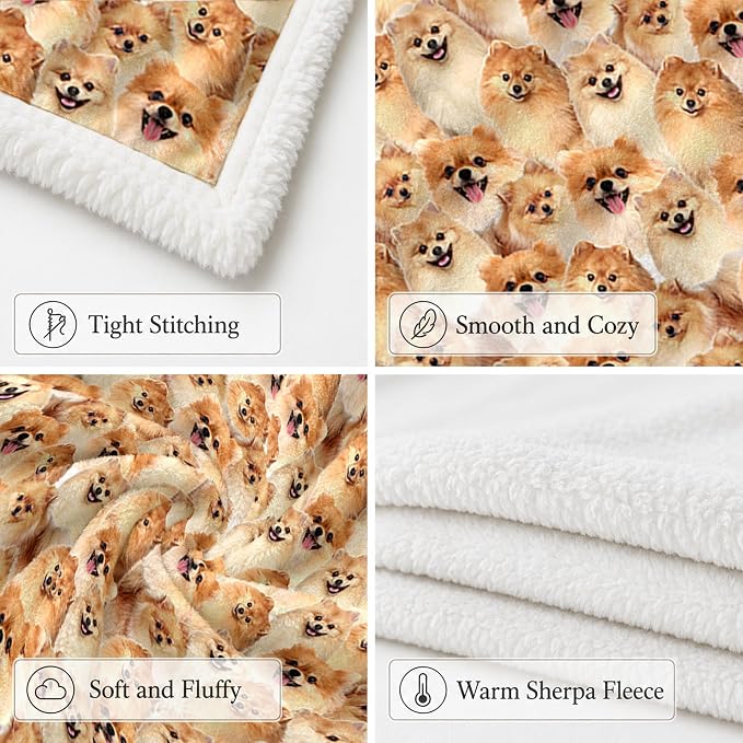 BlessLiving Pomeranian Golden Throw Blanket with Dense Dog Patterns Sherpa Fleece Blanket Couch Bed, Soft Cozy Warm Pet Blankets for Puppy Lovers Cute Animal Print Gift 50x60 Inches