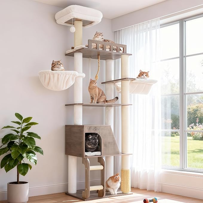 Hey-brother Wooden Cat Tree, Furniture Tower with Large Platforms, MPJ121SG | 69.7 inch, Modern Full Sisal Scratching Posts, Hammocks, Spacious Condo, Ladder, Brush, Water Proof Surface, Rustic Gray