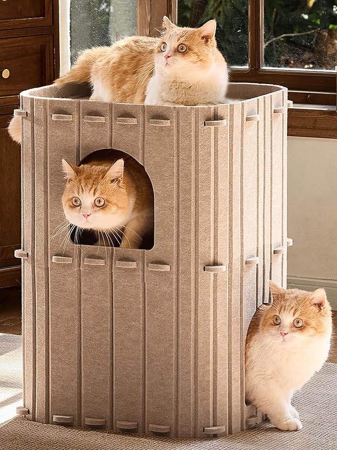 FUKUMARU Cat House for Indoor Cats, Warm Felt Cat Bed, Scratch Resistant | Large Cat Bed Cave, 3-in-1 Cat Condo, Cozy Felt Covered Cats Tunnel, 23.62 Inch Kitten Hideaway for Multicats, Beige