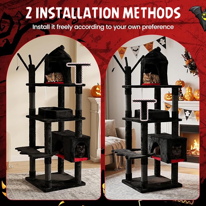 70-inch Gothic Cat Tree, Multi-Level Black Cat Tower | | Robust Scratching Posts | Coffin Bed | Castle-Shaped Comfy Cat Condo | Dual-Entry Condo | Spider-Shaped Hanging Toys |