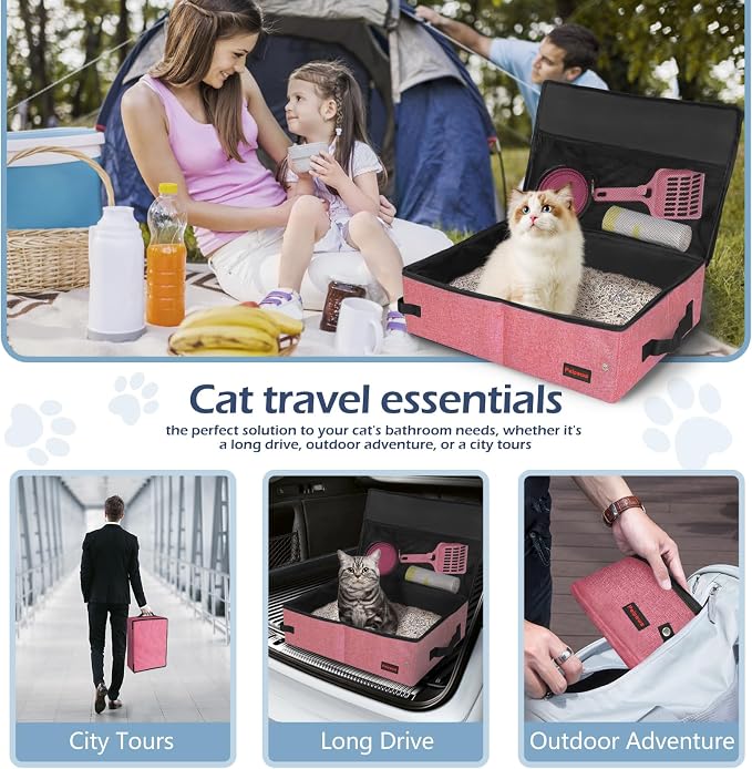 Portable Cat Travel Litter Box. Zipped Lid, Collapsible Litter Box for Cats. No Leakage, No Smell. Easy to Carry. Used for Hotels, Camping, Car (Pink,L)