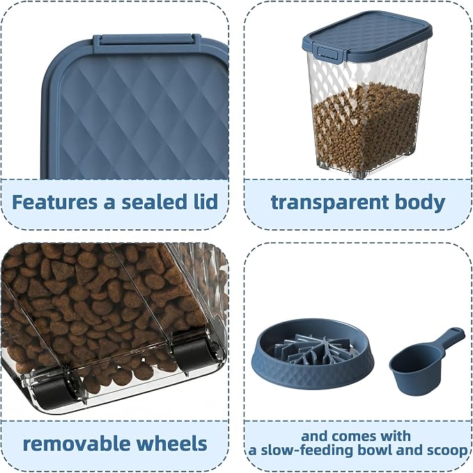 Airtight Dog Food Storage Container, 30 lb | Attachable Wheels, Clear, With Scoop & Slow-Feeding Bowl, Easy to Move Clean Refill, Fit for Dog Cat Bird Food