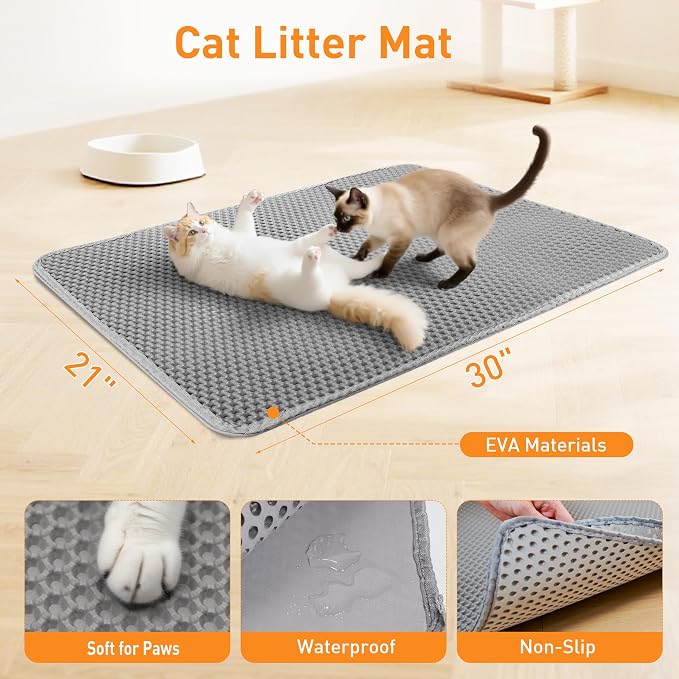 Cat Litter Mat 30"x21" Urine-Proof Small Litter Mat Litter Box Mat | Double Layer Honeycomb Cat Mat Soft EVA litter matt Fits Litter Boxes, kitty Litter mat Trapping Mat, Easy-Open Edge Grey