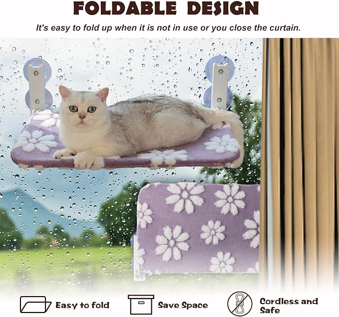 Cute Cat Window Perch, Foldable Cat Window Hammock, Purple | Cordless Window Seat Bed for Indoor Cats, 3D Textured Flower Cover, Strong Suction Cups