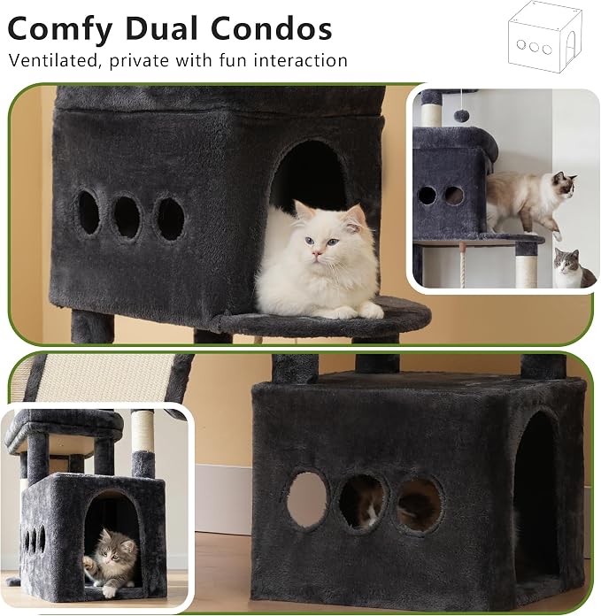 Heybly Cat Tree 72.4-Inch Anti-Tip Cat Tower with Spacious Perches HCT060G | All-in-One Cat Furniture for Large Cats, Multiple Interactive Areas, Extra-Large Sisal Scratching Board, Smoky Gray