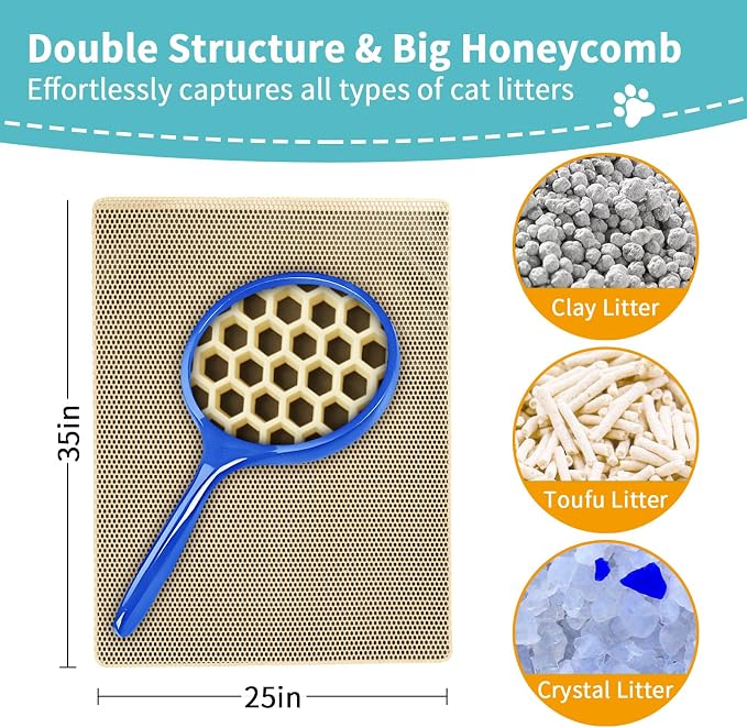 Cat Litter Mat Litter Trapping Mat, Large 35x25in, Ideal for Light Floors | Double-Layer Honeycomb Cat Litter Mat for Less Mess, Waterproof & Urine-Resistant Cat Mat, Keeps Floor Clean, Khaki