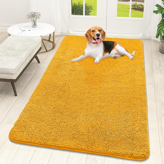 OLANLY Dog Door Mat for Muddy Paws 59x32, Super Absorbent Chenille Mud Mat | Golden Yellow, Absorbs Moisture and Dirt, Non-Slip Machine Washable Doormat, Quick-Dry Indoor Entryway Floor Carpet for Dogs