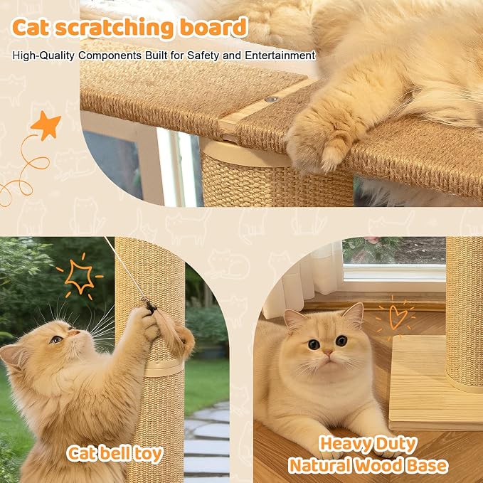 Cat Window Perch Hammock with 3-Piece Detachable Roman Column Sisal Scratching Posts, White Fluffy Cusion, Drill-Free Suction Cup Mount, Extra Large for Large Cats & Maine Coons, 60 LBS Capacity
