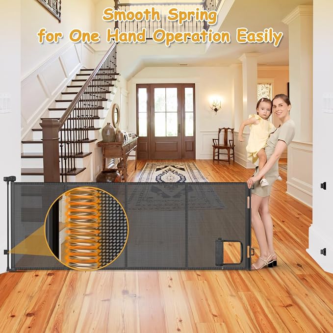 Reinforced 150” Extra Wide Retractable Baby Gate with Cat Door 12.5ft Outdoor Pet Gates for Wide Openings 37 Inch Tall Retractable Dog Gates for Doorways Long Pet Gate Indoor with Cat Door, Black