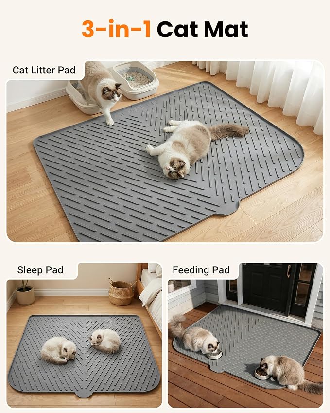 Cat Litter Mat, 47"x37" Extra Large Litter Box Mat, Silicone Mat, Gray | XXL Waterproof Litter Trapping Mat for Scatter Control, Soft on Cat Paws Non-Slip Easy to Clean