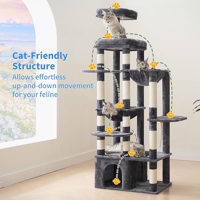 Heybly Cat Tree, 71-Inch Tall Cat Tower for Large Maine Coon Cats HCT037G | Cat Condo Furniture with Extra-Large Baseboard, Multi-Level Platforms, 2 Hammocks and 12 Scratching Posts, Smoky Gray