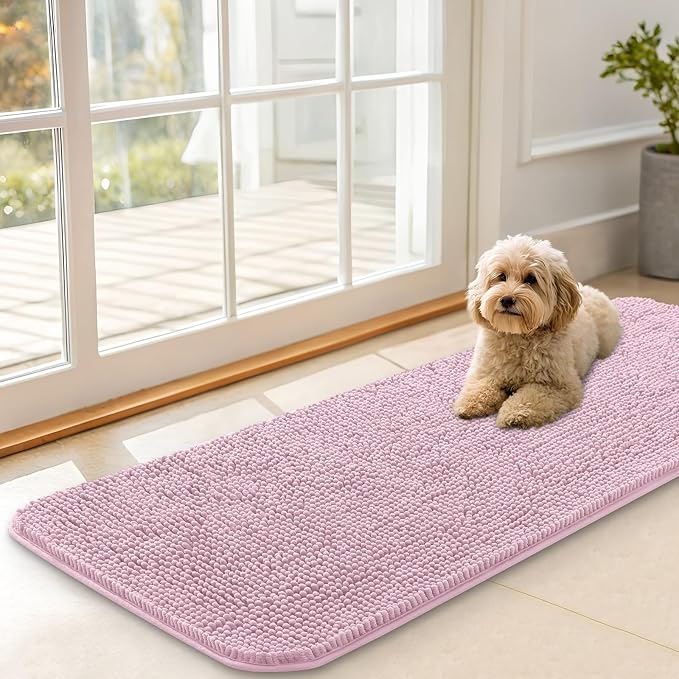 OLANLY Dog Door Mat for Muddy Paws 47x17, Super Absorbent Chenille Mud Mat | Dusty Rose, Absorbs Moisture and Dirt, Non-Slip Machine Washable Doormat, Quick-Drying Indoor Entryway Floor Carpet for Dogs