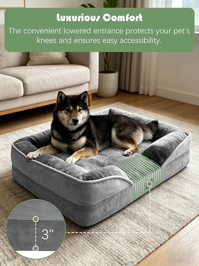 Spotted Play Orthopedic Dog Bed with Sides - Dog Sofa Beds for Medium Dogs, Supportive Foam Pet Couch Bed with Washable Removable Cover, Waterproof Lining and Non-Slip Bottom, Grey - M
