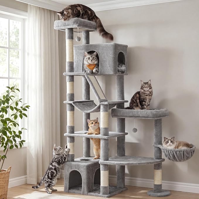 Feandrea 74.1-Inch Cat Tree Tower for Indoor Extra Large Cats, with Scratching Posts, Scratching Board, Multi-Level Design, Dove Gray UPCT016G101S