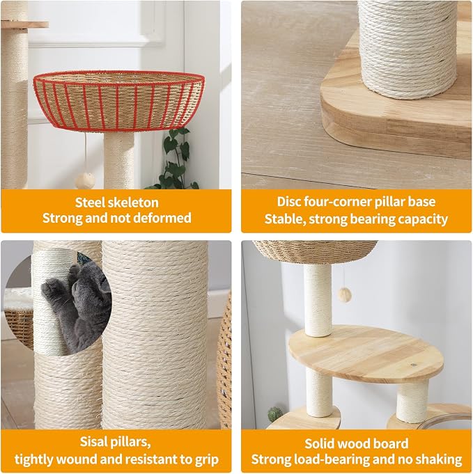 59-Inch Modern Cat Tree Tower for Large Indoor Cats, Handwoven Basket Condo | Stable multi-level structure, reinforced base, 8 cm sisal posts, clear space capsule, hammock, washable cooling & plush mats