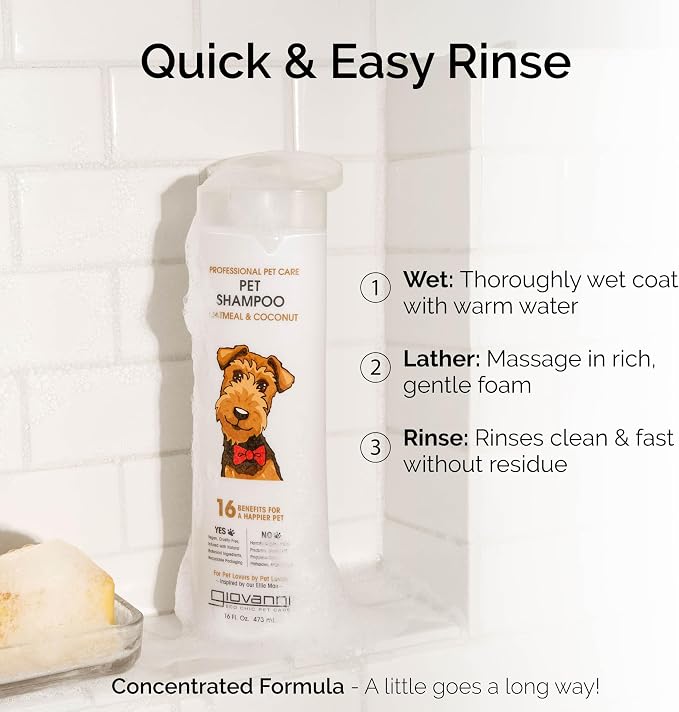GIOVANNI Oatmeal & Coconut Dog Shampoo for Sensitive Itchy Dry Skin - 16 oz | Aloe vera; paraben-free, no SLS or SLES; for all coat types; controls static, detangles & deodorizes; vegan, Leaping Bunny