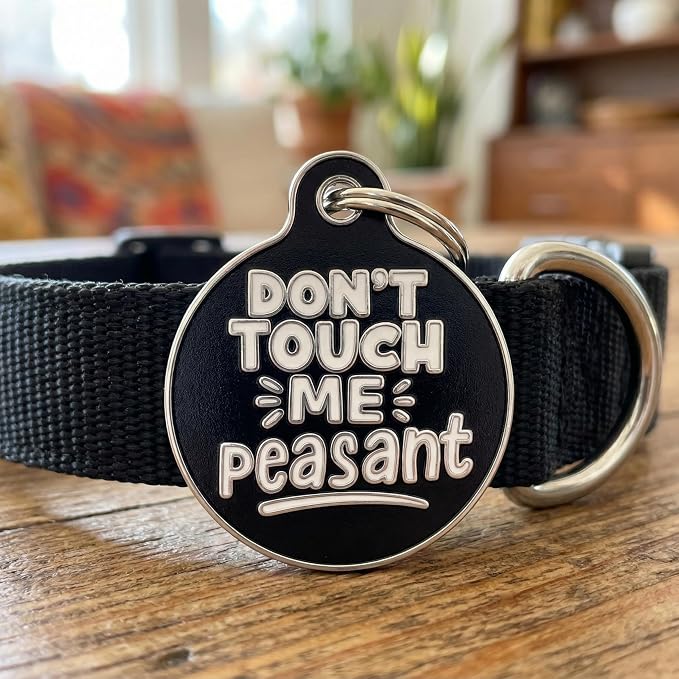 Bad Tags Personalized Dog and Cat ID Tags in 25+ Designs and 2 Sizes - 5 Lines of Custom Engraved Text - Funny Cute Personalized Pet Tags (Don't Touch Me Peasant, Small (1 inch))