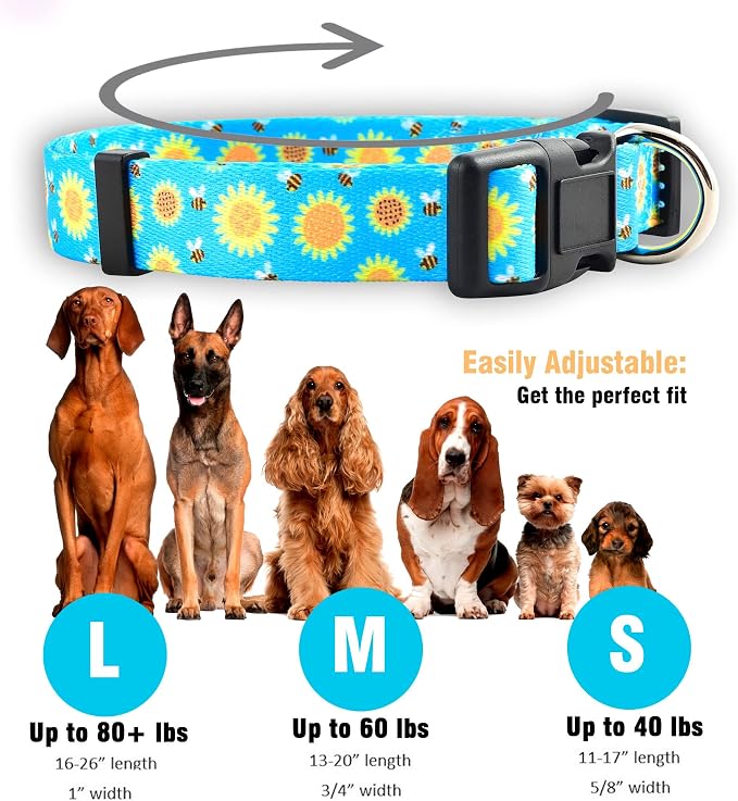 Native Pup Flower Dog Collar, Adjustable Small Medium Large, Cute Girl Female Summer Spring Pretty Designer Puppy Essentials Accessories, Pink Floral Blue Daisy Rose (Small, Sunflower)