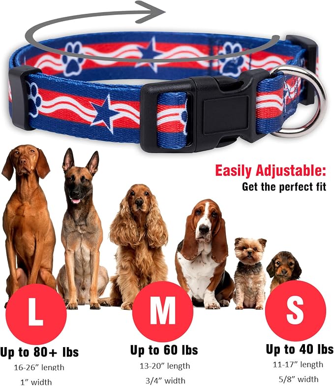 Native Pup American Flag Dog Collar- Red White and Blue- Patriotic Collars for 4th of July, USA- Adjustable Small, Medium, Large Breed Dogs (Large, Paws)