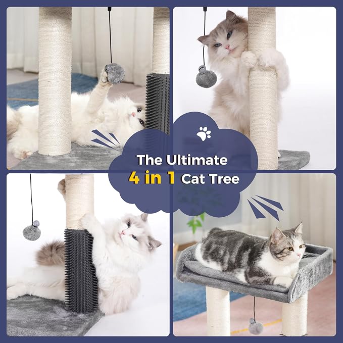 Cat Scratching Post Small Cat Tree with Cat Self Groomer, 15.7x13.7” Wide Top Bed, Natural Scratch Post and Danging Ball Great for Kittens and Average Indoor Cats-Medium Grey