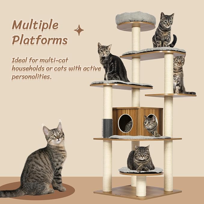 Solid Wood Cat Tree, 69” Large Tall Cat Tower Multi-Level Platforms with Sisal Scratching Posts, Cat Tree for Large Cats 20 lbs Heavy Duty, Cat Condo Furniture for Active Cats
