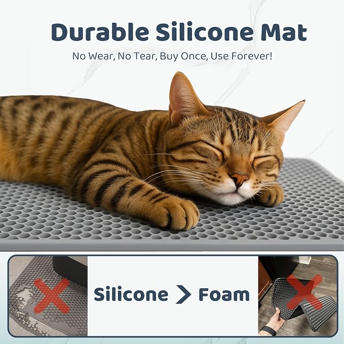 Silicone Cat Litter Mat 24x15" Double Layer Honeycomb Non-Slip | Food-Grade, Machine Washable, Anti-Crease, Claw-Proof, Raised Edges, 24 x 15‘’ Fits Standard Box, Soft on Paws