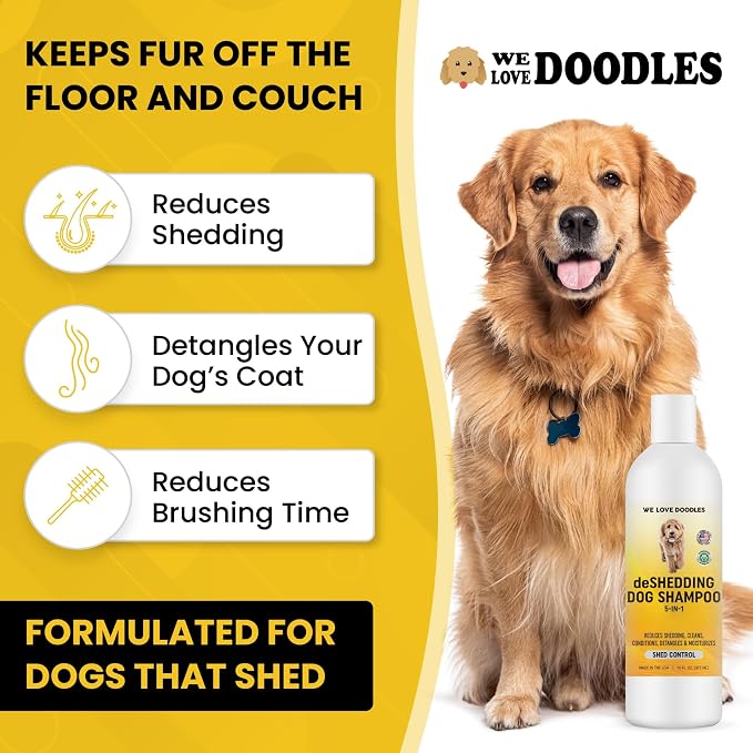 Deshedding Dog Shampoo & Conditioner, Anti Shed Puppy Wash, USA Made, 16OZ | Reduces Loose Hair & Fur, For Sensitive Skin, Natural, Best Shedding Shampoo for Dogs Like Golden Retriever, Husky, Shepherds