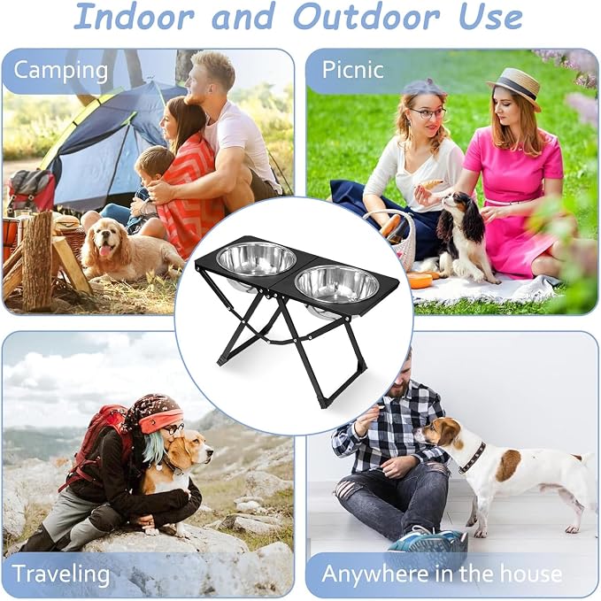 Foldable Elevated Dog Bowl Holder with 2 Large 85oz Stainless Steel Bowls, 12" Tall Raised Dog Bowl Stand for Large Breeds, Indoor and Outdoor Use