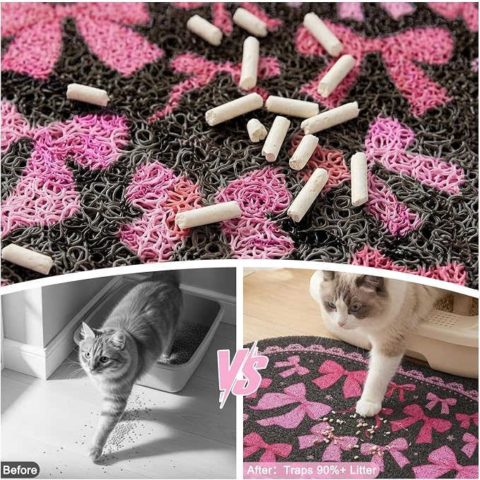 Bienbee Cat Litter Mat, 24" x 15" Litter Box Mat Rug with Non-Slip Bottom,Urine and Water Proof, Easy to Clean Cat Supplies Essentials for Indoor Kitty Kitten Floor, Pink Bow M