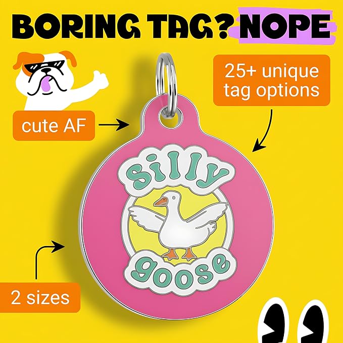Bad Tags Personalized Dog and Cat ID Tags in 25+ Designs and 2 Sizes - 5 Lines of Custom Engraved Text - Funny Cute Personalized Pet Tags (Silly Goose - Pink, Small (1 inch))