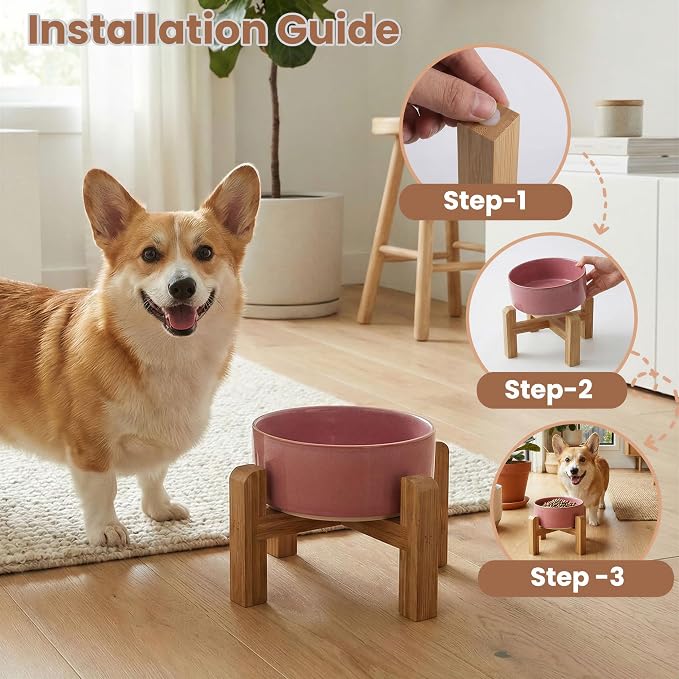 hjn Elevated Ceramic Dog Bowl with Bamboo Stand, Raised Pet Feeding Station for Small Medium Dogs Cats, Modern Design with Anti-Slip Base (Deep Pink, 3.6Cup)