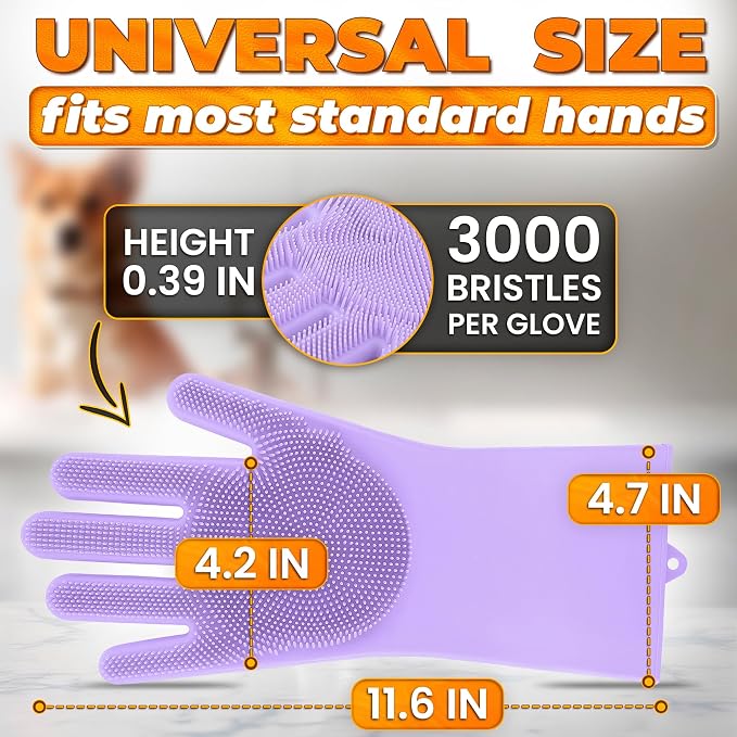 Cat and Dog Washing Gloves, 1 Pair, 11.6", Soft Silicone (Purple) | Dog Shampoo Gloves, Pet Bath & Grooming Mitt, 3000 Soft Bristles, Removes Loose Hair, Saves Shampoo, Massage, Wet or Dry