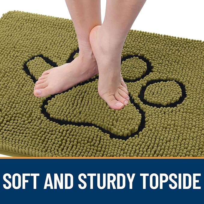 OLANLY Dog Door Mat for Muddy Paws 48x30, Paw Print Design Chenille Mud Mat | Willow Green, Absorbent, Traps Moisture and Dirt, Non-Slip Washable Doormat, Quick-Dry Indoor Entryway Floor Carpet for Dogs