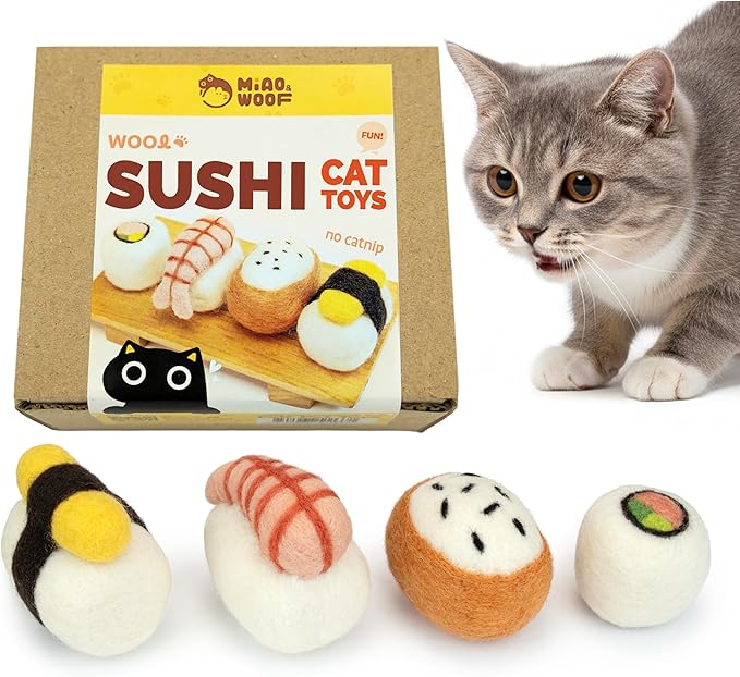 Woolbuddy Sushi Cat Toy Set – Wool Felt Interactive Toys for Indoor Cats & Kittens, Catnip-Free, Durable, Cute Enrichment Toys for Bored Cats, Natural Wool Dental & Hunting Play (Large – 4 Pcs)