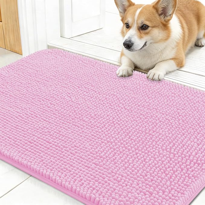 OLANLY Dog Door Mat for Muddy Paws 30x17, Super Absorbent Chenille Mud Mat | Pink, Absorbs Moisture and Dirt, Non-Slip Machine Washable Doormat, Quick-Drying Indoor Entryway Floor Carpet for Dogs