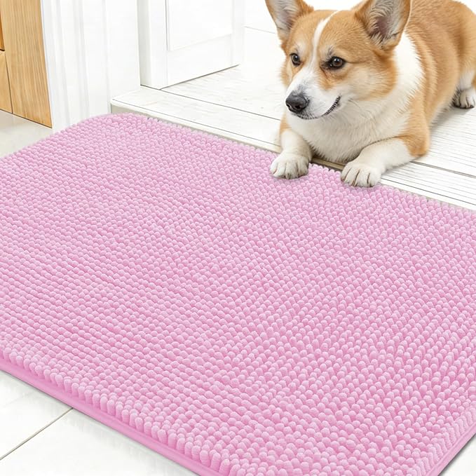 OLANLY Dog Door Mat for Muddy Paws 24x16, Super Absorbent Chenille Mud Mat | Pink, Absorbs Moisture and Dirt, Non-Slip Machine Washable Doormat, Quick-Drying Indoor Entryway Floor Carpet for Dogs