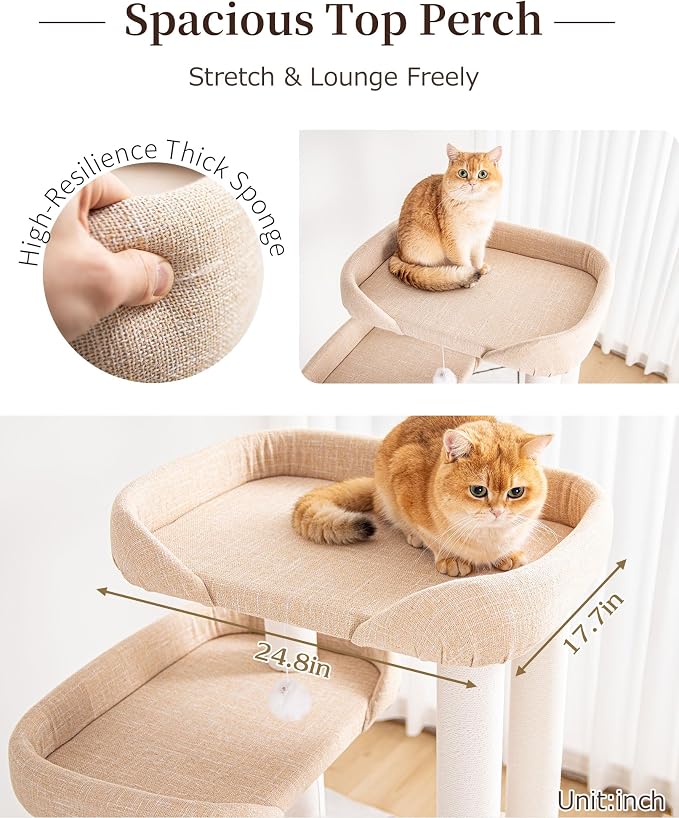 53'' Cat Tree for Large Cat, Modern Senior Friendly Cat Tower with Wide Shelves Low Step, Cotton Scratching Posts, Super Sturdy Base, Cozy Perches, and Interactive Toys (Ivory)