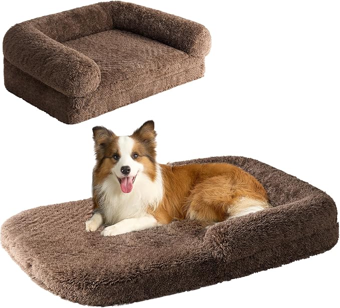 EHEYCIGA Foldable XXL Dog Bed for Large Sized Dog, 54"x38"x7.5" Faux Fur Fluffy Pet Couch Bed, Orthopedic Calming Memory Foam Big Pet Bed, Washable Pet Sofa Bed with Non-Slip Bottom, Brown