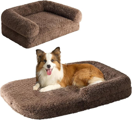 EHEYCIGA Foldable XXL Dog Bed for Large Sized Dog, 54"x38"x7.5" Faux Fur Fluffy Pet Couch Bed, Orthopedic Calming Memory Foam Big Pet Bed, Washable Pet Sofa Bed with Non-Slip Bottom, Brown