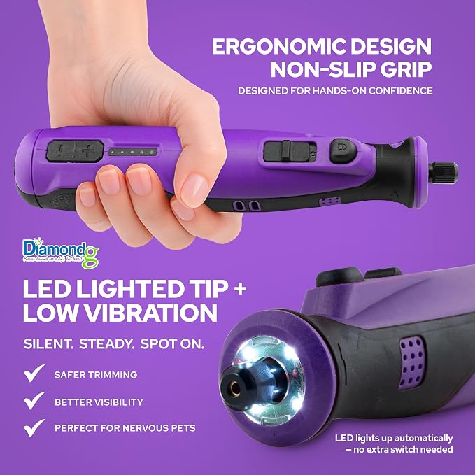 Diamondg Cordless Dog Nail Grinder - Quiet Sound with LED Light, Purple | 5-Speed Rechargeable Pet Nail Trimmer for Small & Large Dogs, USB-C Charging, 4hrs. Runtime, Painless, 2 Bits Included