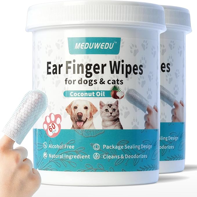 MEDUWEDU Ear Cleaner Finger Wipes 120 Counts, Dog Ear Cleaner, Grooming Kit Care for Dogs and Cats, Soft & Easy Otic Cleaning Pads, Remove Wax, Dirt & Stop Smelly, Itchy, Non-Irritating, Coconut Scent