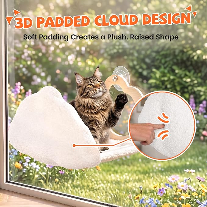 Cat Window Perch Cloud Shape, Large Cat Hammock Bed Washable | Suction Mount, Steel Brackets, Soft Fabrics, Natural Pine Wood, Space Saving, Tool-Free Assembly, Watch birds, Sunbathing