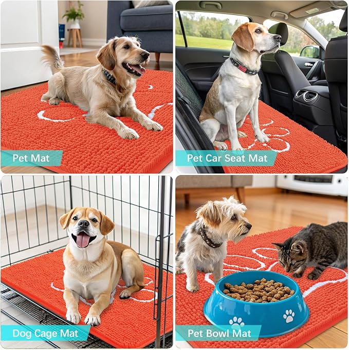 OLANLY Dog Door Mat for Muddy Paws 30x20, Paw Print Design Chenille Mud Mat | Coral, Absorbent, Traps Moisture and Dirt, Non-Slip Washable Doormat, Quick-Drying Indoor Entryway Floor Carpet for Dogs