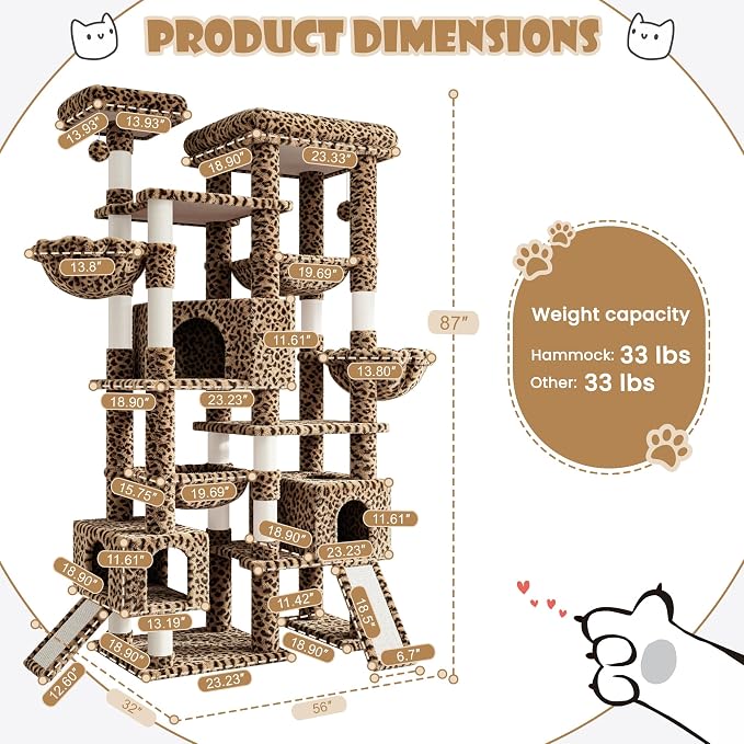 Sha Cerlin 87 in Multi-Level Tall Cat Tree Tower for Large Cats/Extra Wide Feline Activity Center/Sisal Scratching Posts/Wide Base/Cozy Plush Perches/Baskets/Hammocks/Toy Balls/Leopard Print