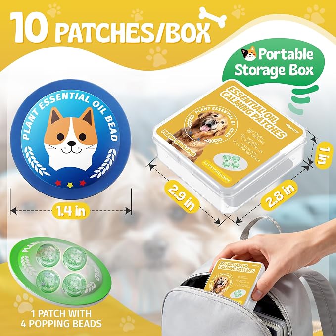 Dogs Calming Patches for Travel, Fireworks & Separation Anxiety, Pheromone & Natural Essential Oil Calming Diffuser for Dogs, Training Aid Pet Stickers, Long Lasting & Non Toxic, 10 Count