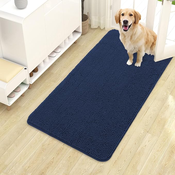 OLANLY Dog Door Mat for Muddy Paws 40x24, Super Absorbent Chenille Mud Mat | Dark Blue, Absorbs Moisture and Dirt, Non-Slip Machine Washable Doormat, Quick-Drying Indoor Entryway Floor Carpet for Dogs
