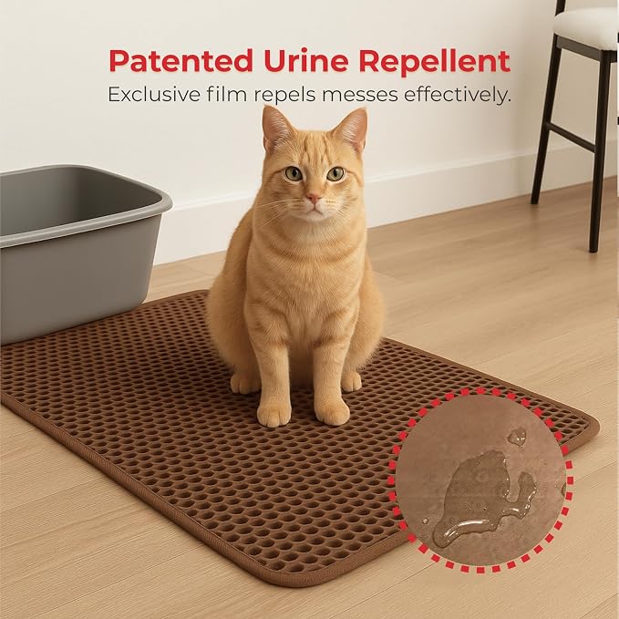 iPrimio Cat Litter Trapper Mat, Waterproof, Double Layer, 32" x 30", Brown | Double layer honeycomb traps scattered litter while the waterproof base blocks urine. Soft on paws and empties in one pour.