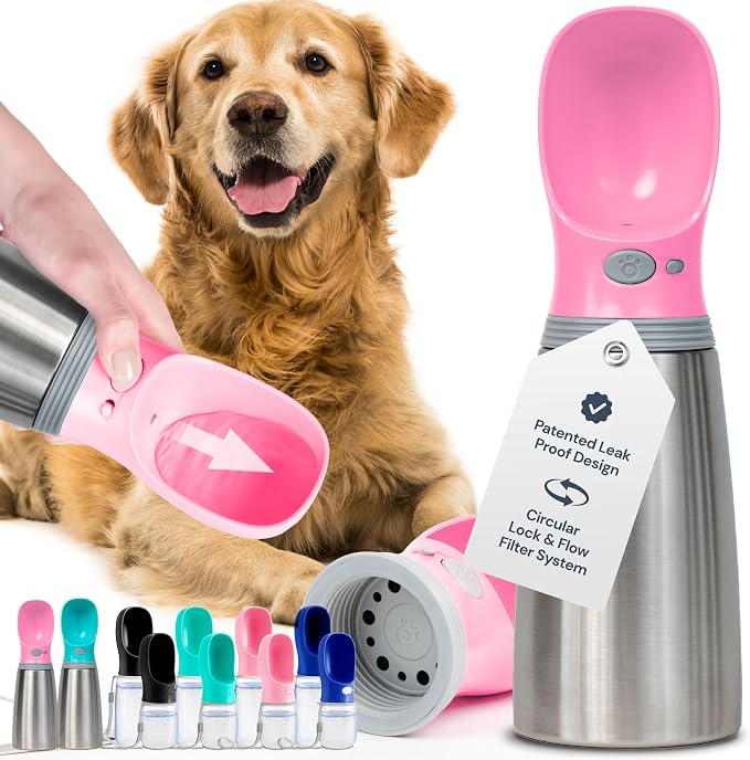 MalsiPree Insulated Dog Water Bottle - 24 oz Pink, Stainless Steel | 24oz insulated steel bottle & bowl - leak-proof - Use for dog travel, hiking, park & beach days