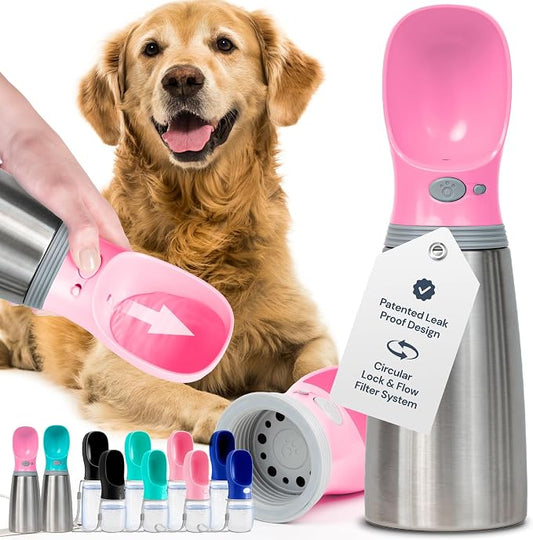 MalsiPree Insulated Dog Water Bottle - 24 oz Pink, Stainless Steel | 24oz insulated steel bottle & bowl - leak-proof - Use for dog travel, hiking, park & beach days