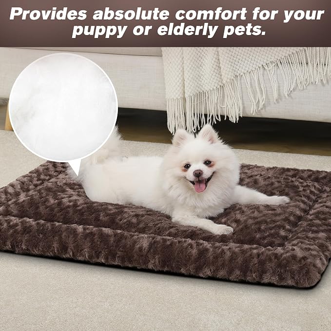 Exsnugy Washable Dog Bed Mat Large Size Fluffy Pet Crate Pad 48x30 XXL | Non-Slip Bottom Kennel Beds Ultra Soft Comfy Sleeping Mattress for Large Medium Small Dogs Brown
